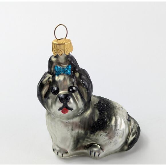 Shih Tzu Dog Handblown Glass Ornament Christmas Tree Black Silver Poland Glitter - Picture 1 of 11